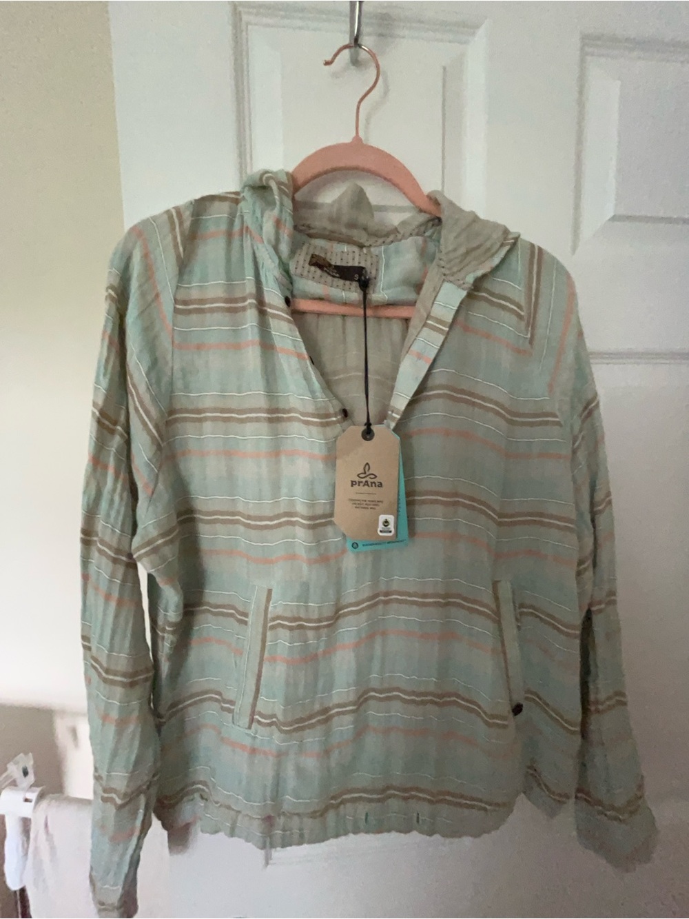 Prana Women's Hooded Pullover - Mint, Tan & Coral Stripes
